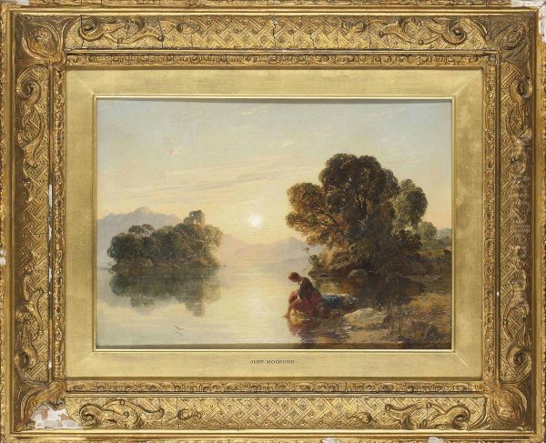 A Young Girl Washing By A Sunlit Lake Oil Painting by John Mogford