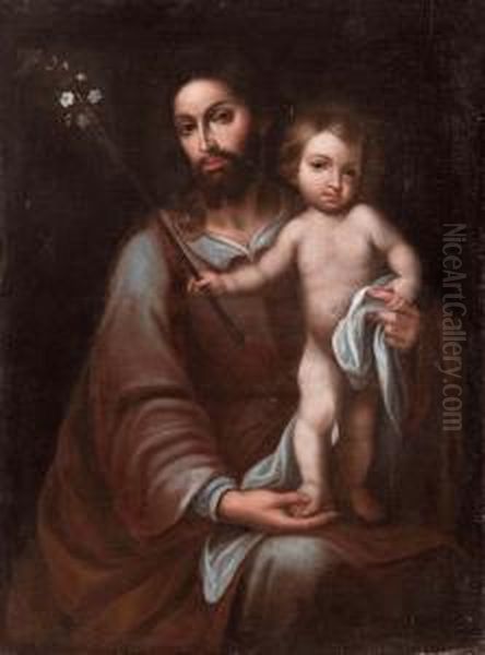 San Giuseppe Con Il Bambino Oil Painting by Antonio Mohedano