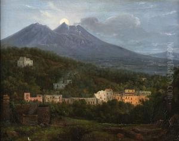 Mount Vesuvius With A Village And Ruins In The Foreground Oil Painting by Louise Mohr