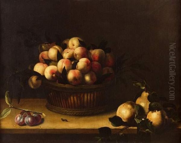 Nature Morte A La Corbeille De Peches, Coings Et Prunes Sur Un Entablement Oil Painting by Louise Moillon