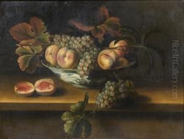 Corbeille De Fruits Et De Raisins Sur Un Entablement Oil Painting by Louise Moillon