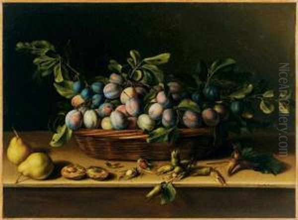 Nature Morte Au Panier De Prunes Sur Un Entablement Avec Noisettes Et Poires Oil Painting by Louise Moillon