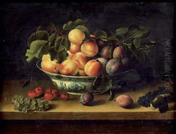 Nature Morte Au Plat D'abricots Et De Prunes Pose Sur Un Entablement Pres De Cerises Et De Raisins Oil Painting by Louise Moillon