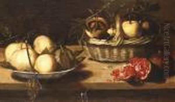 Quinces In A Basket And In A Ceramic Dish With A Pomegranate On A Tabletop Oil Painting by Louise Moillon