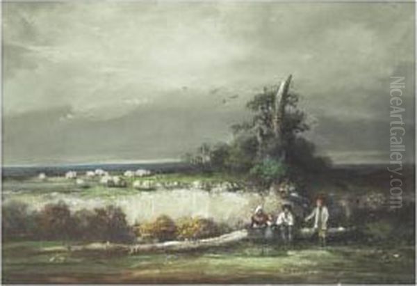 [antoine Moine, Sheperds By A Pond, Gouache And Oil On Paper] Oil Painting by Antonin Marie Moine