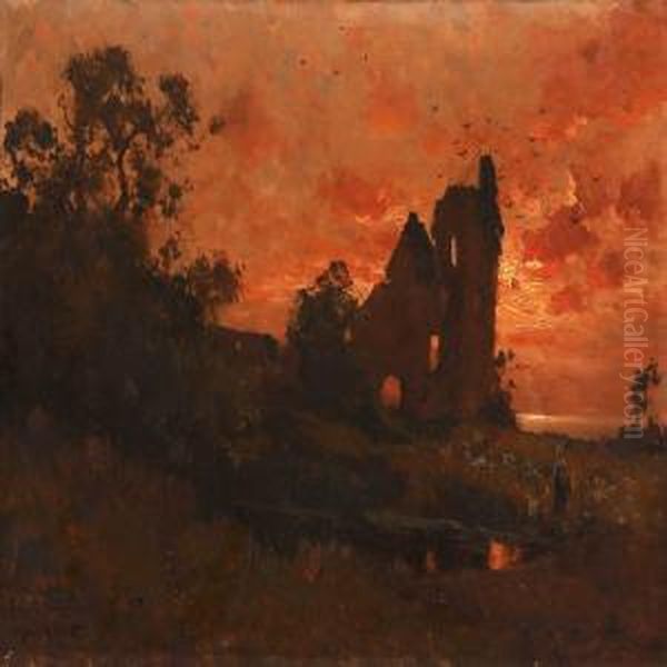 Sunset Over A Northern French Landscape With Ruins Oil Painting by Maurice Moisset