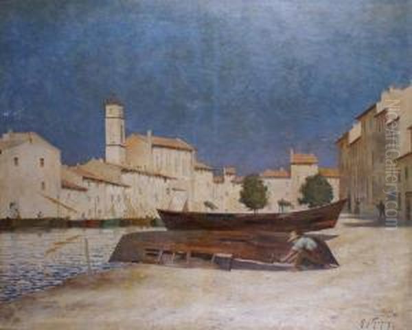 Pecheur Reparant Sa Barque Dans Un Village Mediterraneen Oil Painting by Raymond Moisson