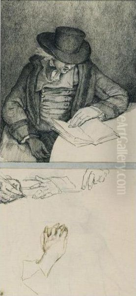 Recto: Seated Man Reading Above Studies Of Four Hands; Verso: Studies Of A Seated Man And A Seated Woman Oil Painting by Anne-Marie Moitte