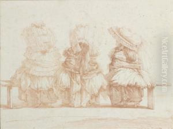 Three Seated Girls Wearing Elaborate Bonnets, Seen Frombehind by Francois Auguste Moitte