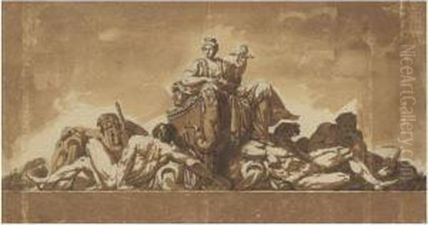 Design For The Sculptural Decoration Of A Gate: The Personificationof Paris Surrounded By Four River Gods Oil Painting by Jean Guillaume Moitte