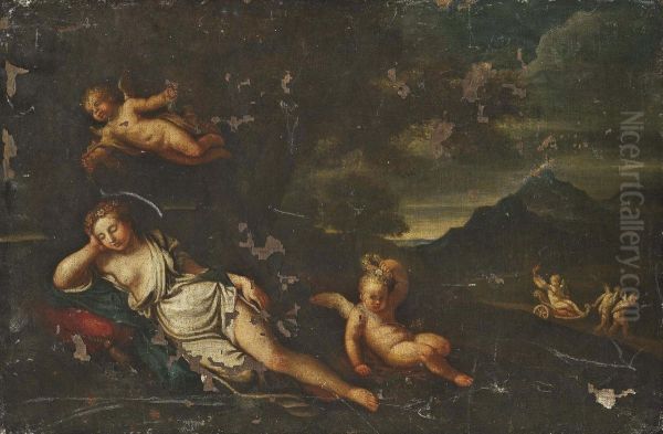 Venus And Cupid In A Landscape Oil Painting by Pier Francesco Mola