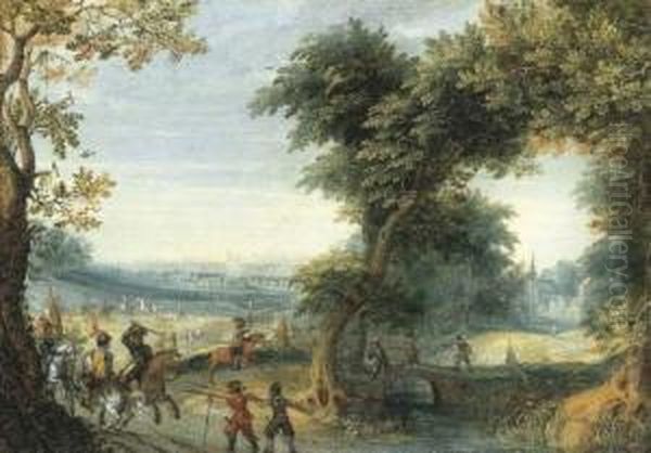 A Wooded Landscape With A Cavalry Skirmish, A City Beyond Oil Painting by Mattheus Adolfsz Molanus