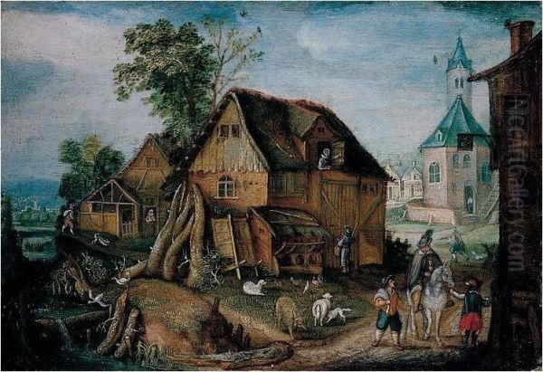 A Village Scene With A Horseman And Farmyard Animals By A River Oil Painting by Mattheus Adolfsz Molanus