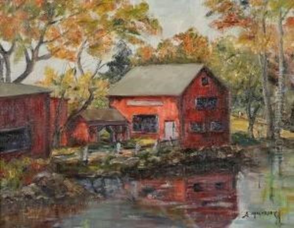 Red Buildings Near Small Pond by Abram Molarsky