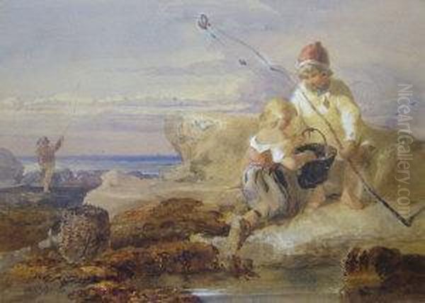 Children Fishing On The Rocks Oil Painting by John Henry Mole