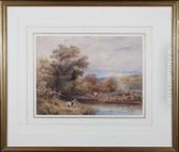 Two Young Anglers At A Riverbank With Cattle Nearby Oil Painting by John Henry Mole