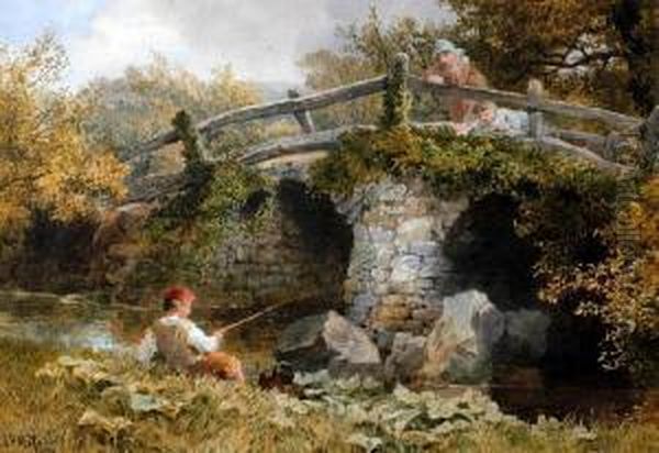 Young Boy Fishing At A Riverside Beforechildren Watching From An Arched Stone Bridge Oil Painting by John Henry Mole