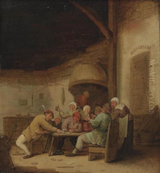 Peasants Drinking And Playing Cards In A Tavern Oil Painting by Bartholomeus Molenaer