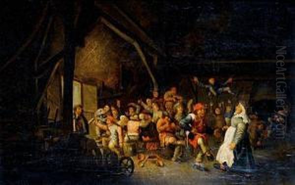 A Barn Interior With Peasants Feasting Anddancing Oil Painting by Bartholomeus Molenaer