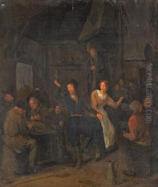 Taverneninterieur Mitkartenspielern Und Tanzenden Bauern Oil Painting by Jan Miense Molenaer