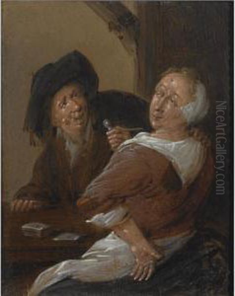 An Amourous Couple Playing Cards In An Inn Oil Painting by Jan Miense Molenaer