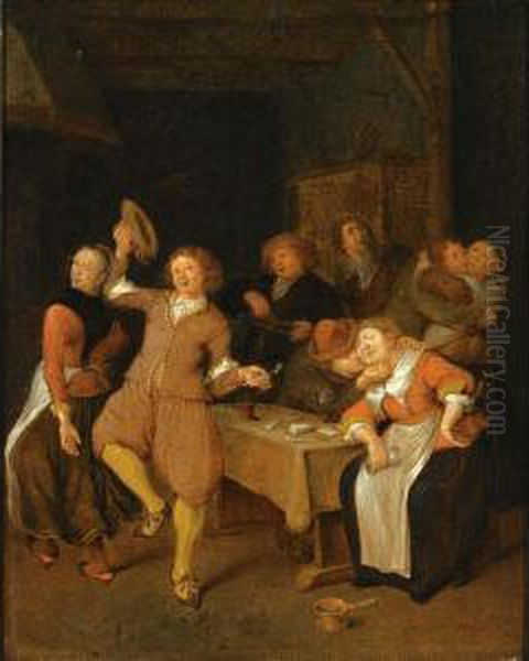 A Brothel Scene With A Couple Dancing, Two Couples Embracing And A Man Making Music Oil Painting by Jan Miense Molenaer