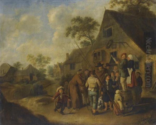 A Village Street With Villagers Gathered Around Two Figures Proclaiming The News On Barrels Outside An Inn Oil Painting by Jan Miense Molenaer