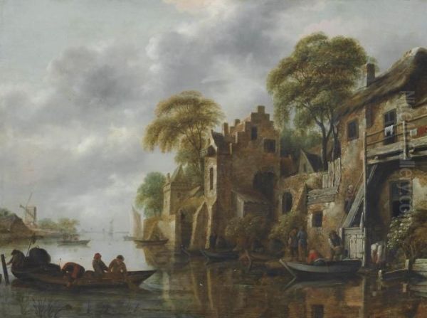 A River Landscape With Fishermen Loading Their Nets Oil Painting by Claes Molenaar (see Molenaer)