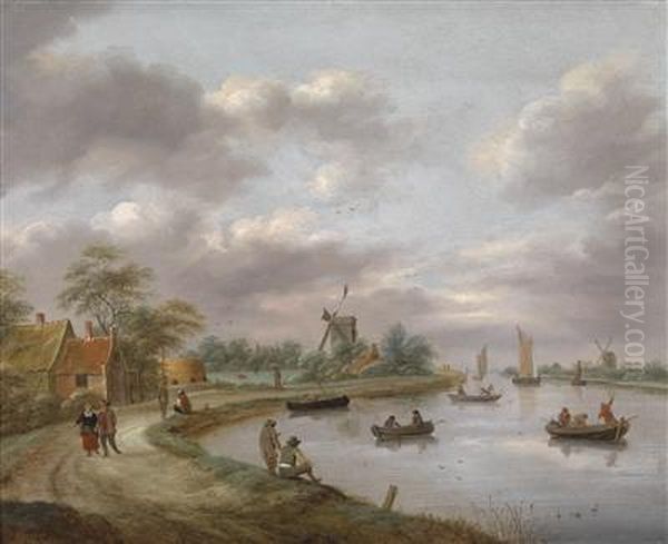 A Lively River Landscape Oil Painting by Claes Molenaar (see Molenaer)