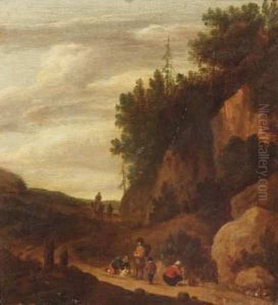 A Rocky Landscape With Figures Resting Near A Track Oil Painting by Claes Molenaar (see Molenaer)