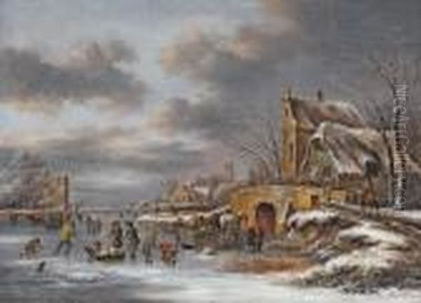 Winterlandschaft Mit Schlittschuhlaufern Und Warenhandler Oil Painting by Claes Molenaar (see Molenaer)