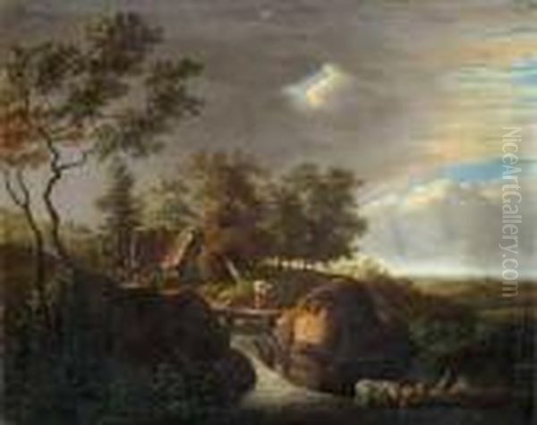 Landschaft Mit Wasserfall Und Kuhen Vor Aufziehendem Gewitter. Oil Painting by Pieter Molijn