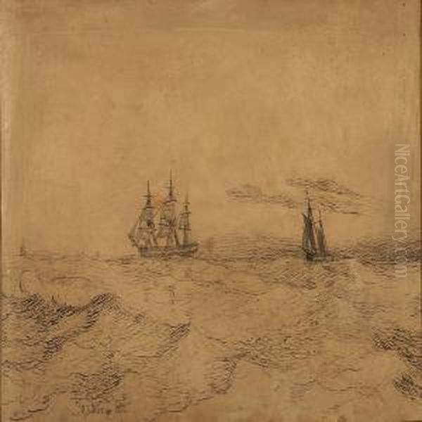 Seascape With Sailing Ships Oil Painting by Gustav Moller