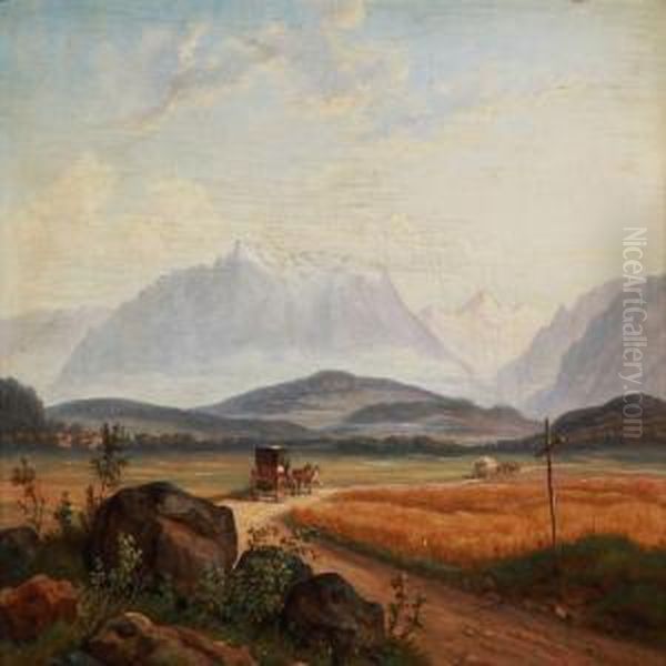 Southern German Mountain Landscape With Horse Carriages On The Road Oil Painting by I. P. Moller