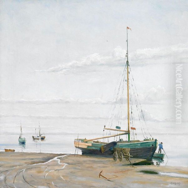 Boats On The Beach At Low Tide At Sonderho, Fano Oil Painting by Johannes Christian Moller