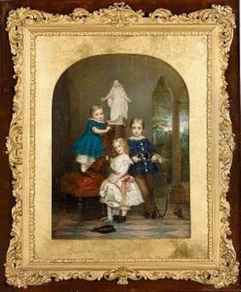 Portrait Of The Artist's Wife And Children; Mathilde Elizabeth Moller, Her Son Emanuel Aged 8, Her Daughter Mathilde Aged 5 And Her Son Robert Aged 3 Oil Painting by Johannes Heinrich L. Moller