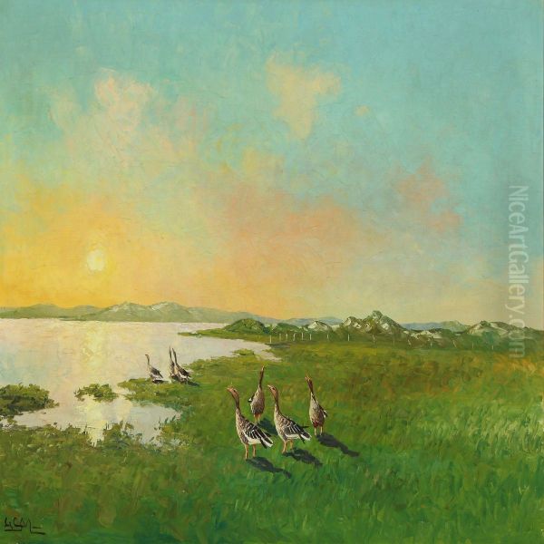 Coast Senery With Geese In The Field Oil Painting by Leo Christian Moller