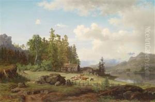 Lake Landscape With Cows Grazing Oil Painting by Niels Bjornson Moller