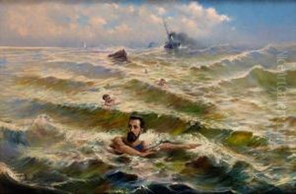 Course De Natation Oil Painting by Niels Bjornson Moller