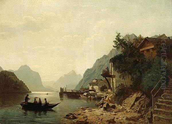 A View Of A Lake In A Mountainous Landscape With Numerous Figures On Shore And Figures In A Boat In The Foreground Oil Painting by Niels Bjornson Moller