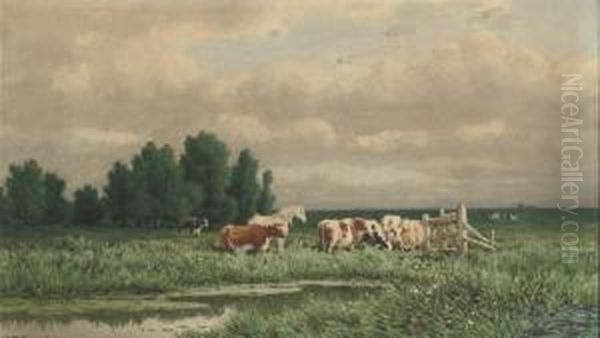 Cattle In A Meadow Oil Painting by Gerrit Alexander G. Mollinger