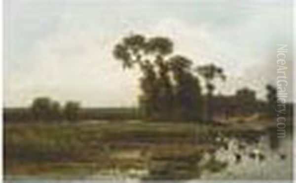 Ducks In A Summer Landscape Oil Painting by Gerrit Alexander G. Mollinger