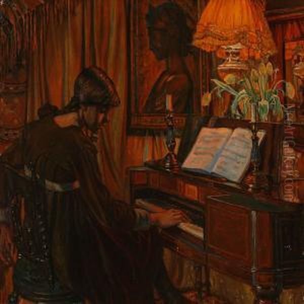 Interior Withartist's Sister Playing The Piano Oil Painting by Mourits Molmark Hansen