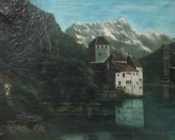 Castle Atthe Water Border Oil Painting by Jozsef Molnar