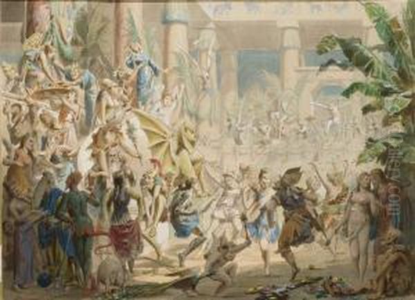 Fete Bacchique En Costume Avec Des Rois, Papes, Et Dieux Oil Painting by B. Colomb Moloch