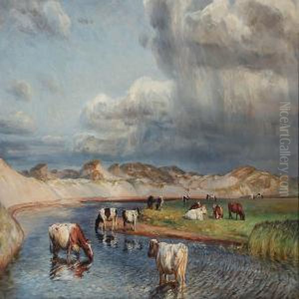 Grazing Cows At A Stream Oil Painting by Niels Pedersen Mols