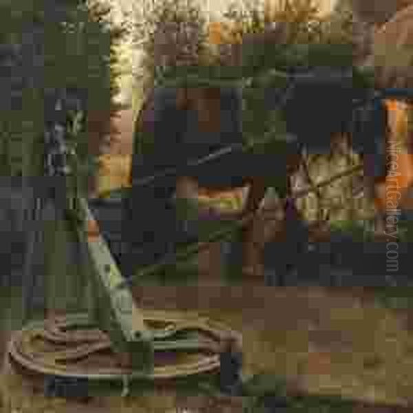 A Girl And Horse At The Water Pump Oil Painting by Niels Pedersen Mols