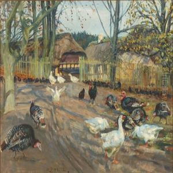 Farm Exterior With Turkeys And Geese Oil Painting by Niels Pedersen Mols