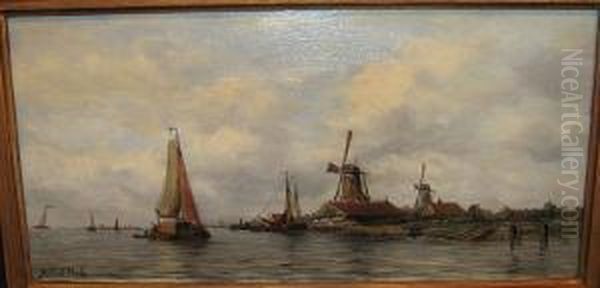 Riviere, Bateaux Et Moulins Dans Un Paysage Oil Painting by Robert Mols