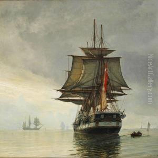 Stille Vejr I Sundet. 
- Fregatten Jylland Oil Painting by Christian Molsted